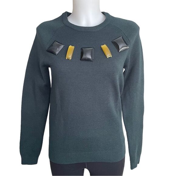 H&M Wool Blend Dark Green Crewneck‎ Knit Sweater Chunky Embellished Stones sz 2 - Picture 1 of 8